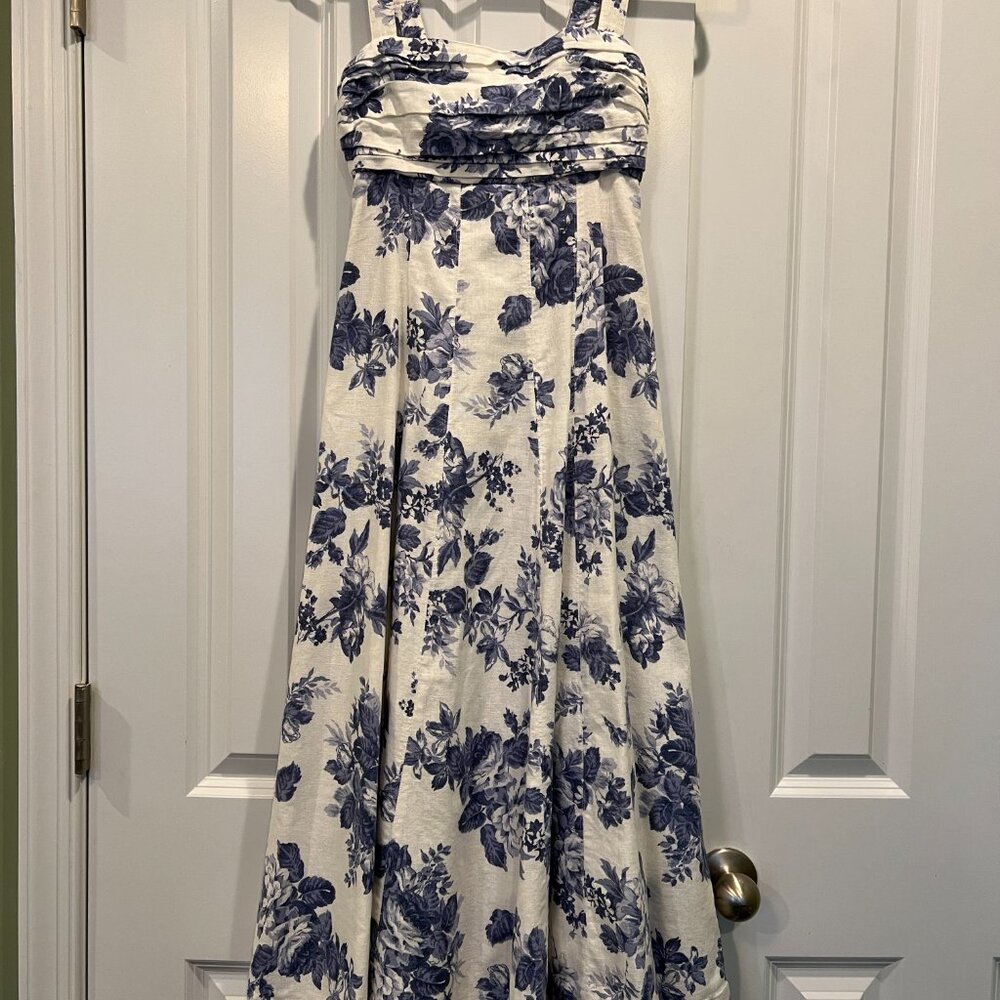 Abercrombie & Fitch Emerson Linen Fit and Flare Floral Blue and White Dress - Picture 2 of 9